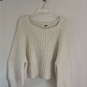 Free People Ivory Open-Stitch Scoop Neck Pullover